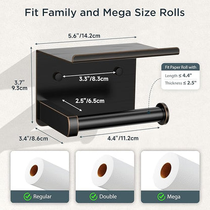 FORIOUS Toilet Paper Holder with Shelf, Adhesive or Screw Wall Mount Toilet Paper Roll Holder for Bathroom, SUS 304 Stainless Steel Commercial Toilet Tissue Holder Dispenser, Oil Rubbed Bronze