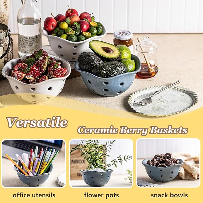 Gomakren Ceramic Berry Basket Set of 2, Elegant Fruit Basket Container 6 Inch, Fruit Bowl with Holes for Kitchen Counter, Berries, Strawberry, Grape, Cherry, Floral Shape - Slate Blue
