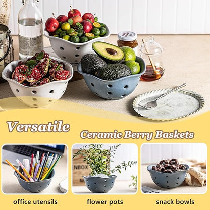 Gomakren Ceramic Berry Basket Set of 2, Elegant Fruit Basket Container 6 Inch, Fruit Bowl with Holes for Kitchen Counter, Berries, Strawberry, Grape, Cherry, Floral Shape - Slate Blue