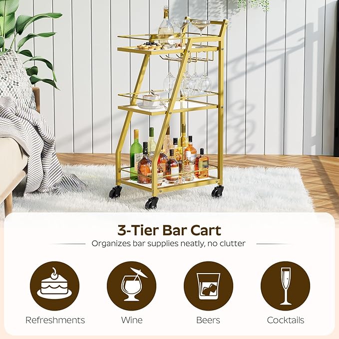 Bar Cart for The Home, Small Bar Cart on Wheels, Home Bar Serving Cart with Glass Holder, for Kitchen, Transparent and Gold BC03GD
