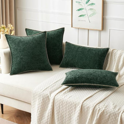 MIULEE Pack of 2 Pillow Covers 18x18 Inch Dark Green Farmhouse Decorative Throw Pillow Covers with Stitched Edge Soft Chenille Solid Dyed Couch Pillow Covers for Sofa Bed Living Room