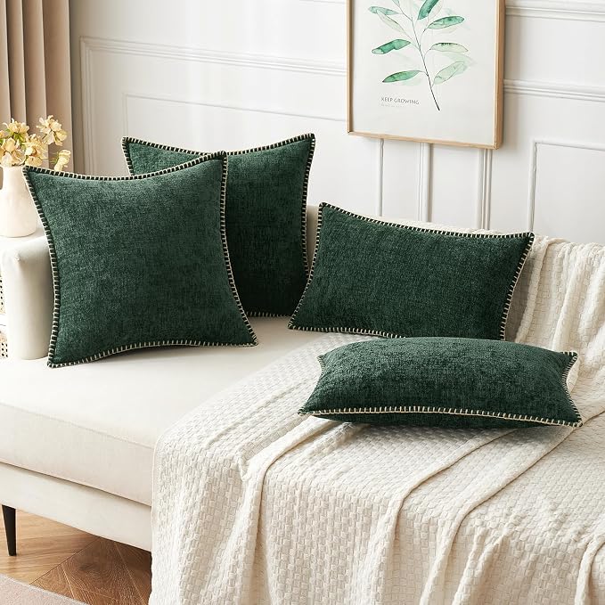 MIULEE Pack of 2 Pillow Covers 20x20 Inch Dark Green Farmhouse Decorative Throw Pillow Covers with Stitched Edge Soft Chenille Solid Dyed Couch Pillow Covers for Sofa Bed Living Room