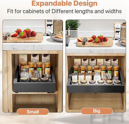 1 Pack Pull out Cabinet Organizer, Width (12"-19") Depth (17"-23"), with 3 Rails Adjustable Slide, Expandable Pullout Drawers for Cabinets, No Drill Adhesive Kitchen Drawers for Pantry Shelves
