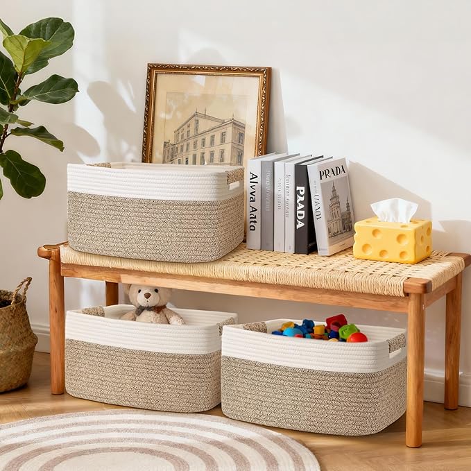 3 Pack Large Storage Basket for Organizing, 17.5"x13.5"x7.5" Woven Basket for Shelves, Closet Cube Storage Bins with Wrapped Handle, Cotton Rope Baskets for Kitchen, Clothes, Toys(Off White & Brown)