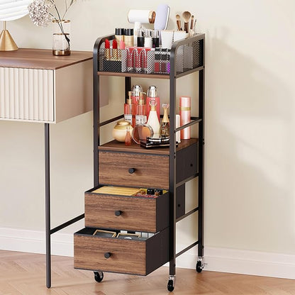 HapiRm Rolling Makeup Cart Organizer - Floor Skincare Make Up Storage with 3 Non-woven Fabric Drawers, Vanity Organizer Cosmetic Display Cases Holder for Skin Care Perfume Nail Polish Brush Hair Tool