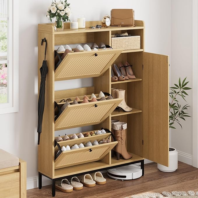Rattan Wooden Shoe Cabinet, Freestanding 3-Flip Drawer Shoe Storage Organizer, Side Cabinet & Top Fence, Easy Assembly Shoe Rack for Entryway Hallway Living Room, Light Oak