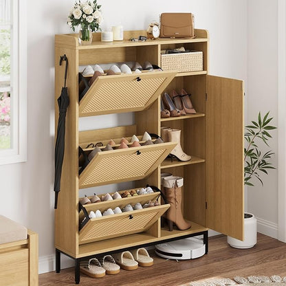 Rattan Wooden Shoe Cabinet, Freestanding 3-Flip Drawer Shoe Storage Organizer, Side Cabinet & Top Fence, Easy Assembly Shoe Rack for Entryway Hallway Living Room, Light Oak