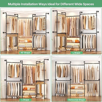 Aheaplus Expandable Industrial Pipe Clothing Rack, 7.3-10.9Ft Wall Mounted Closet System, Reversible L Shaped Clothes Rack for Hanging Clothes, Heavy Duty Walk-in Corner Wardrobe Closet, Rustic Brown