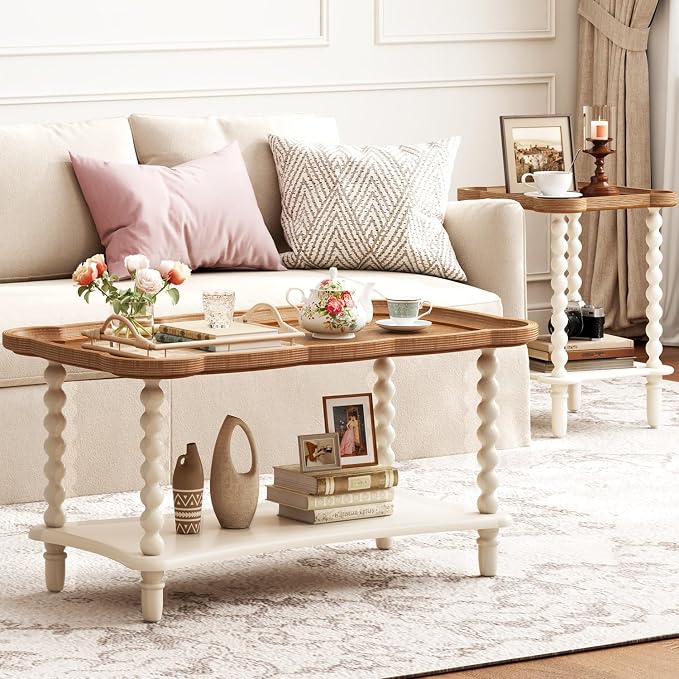 Function Home Farmhouse Coffee Table, 2-Tier Center Table with Storage Shelf, 39.8" French Country Rectangle Accent Table with Natural Tray Top and Spindle Legs for Living Room Balcony, Antique White