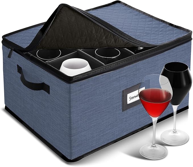 Hearth & Harbor Wine Glass Storage Box with Dividers, Quilted and Stackable Stemware Storage Cases, Service of 12 Glass China Container Hard Shell for Moving and Organization, Blue