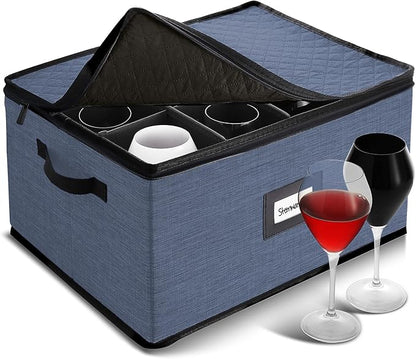 Hearth & Harbor Wine Glass Storage Box with Dividers, Quilted and Stackable Stemware Storage Cases, Service of 12 Glass China Container Hard Shell for Moving and Organization, Blue
