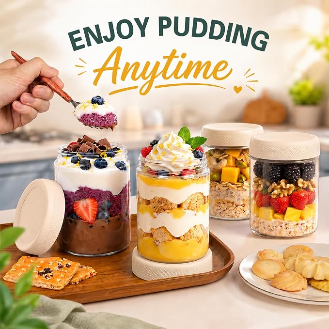 Overnight Oats Containers with Lids, 16oz Glass Storage Containers with Lids, Wide Mouth Mason Jars, Glass Jars with Airtight Lids for Sugar, Yogurt, Chia Seed, Pudding, Meal Prep 6-Pack