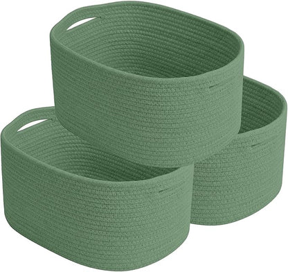 Cotton Rope Storage Basket, 15x10x9 Inches, Woven Basket for Shelves, Clothes, Towels, Books, and Laundry, Green (3 Pack)