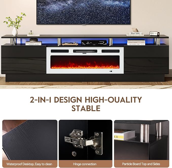 80" TV Stand for Living Room, Modern Entertainment Center & Media Console, Fits TVs up to 80", Storage Cabinet with Shelves, 36" Electric Fireplace with LED Flame(Black+White)