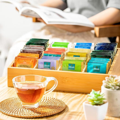 TIMIEEYA Tea Bag Organizer - Bamboo Tea Storage Organizer With 12 Compartments, 1 Layer Tea Organizer for Tea Bags Natural Bamboo for Countertop Office Kitchen Cabinet Pantry