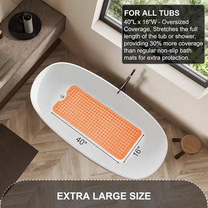 TEESHLY Bath Tub Shower Mat, Non Slip Bathtub Floor Liner Mats with Suction Cups and Drain Holes, Machine Washable Bathmat for Bathroom Floor Safety, 40 x 16 Inch, Clear Orange