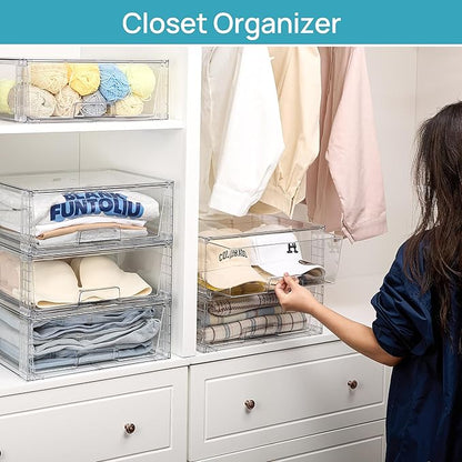 Vtopmart 4 Pack Large Stackable Storage Drawers,Easily Assemble Clear Acrylic Bathroom Closet Undersink Organizers,Plastic Storage Bins for Cabinet,Kitchen Pantry,Medicine Organization