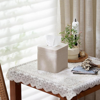 Beige Sandstone Tissue Box Cover Square for Home Decor,Resin Heavy Tissue Box Holder for Bathroom Countertop,Tabletop,Bedside Table,Office (Handmade of Resin)