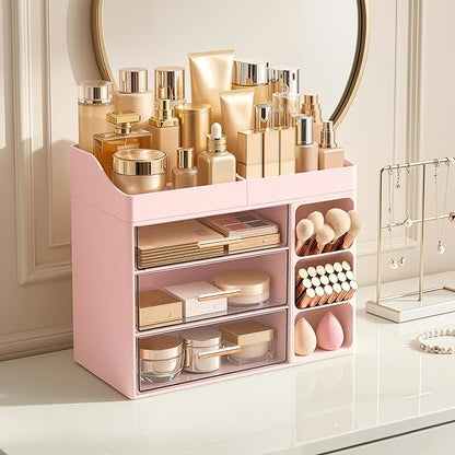 HBlife Makeup Organizer Countertop with Brush Holder,Large Bathroom Counter Organizer with Drawers,Skincare Organizers for Vanity,Plastic Dresser Organizer Storage Gift for Women Girl Mom,Pink