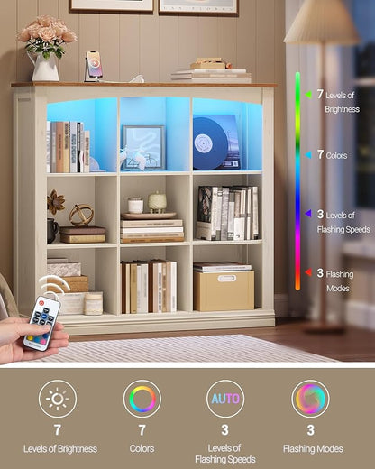 Cube Bookshelf, 9 Cube Storage Organizer, 3 Tier Wood Cubby Bookshelf with Led Lights and Charging, Low Bookcase for Bedroom, Office, Living Room, White BC33314X