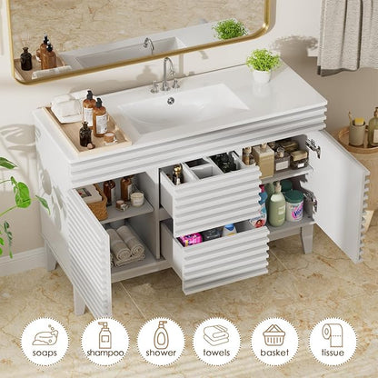 ROOMTEC 48" Bathroom Vanity with Sink, Mid-Century Freestanding Bathroom Vanity Sink with Storage, Undermount Ceramic Sink, Cabinet Particleboard Frame with Wood Grain Laminate, White