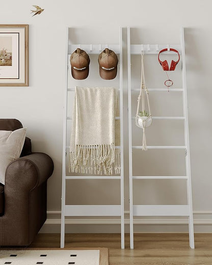 Hzuaneri Blanket Ladder for Living Room, Decorative Quilt Rack with 4 Removable Hooks, 6-Tier Farmhouse Ladder Holder Shelf Organizer for Bedroom, White BR31513W