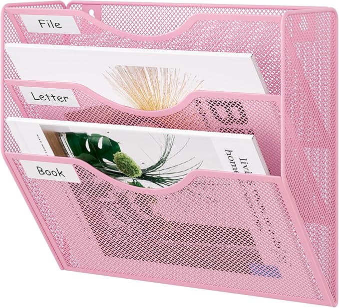 EasyPAG 3 Pocket Mesh Wall File Organizer, Hanging Paper Folder Holder with Classify Label, Vertical Wall Mount Mail Organizer for Office Home Classroom, Pink
