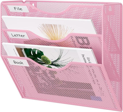 EasyPAG 3 Pocket Mesh Wall File Organizer, Hanging Paper Folder Holder with Classify Label, Vertical Wall Mount Mail Organizer for Office Home Classroom, Pink
