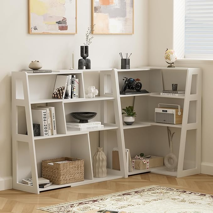 Extendable Bookshelves Set of 2, 3 Tier Wood Bookcases Storage Book Shelves Adjustable Organizer for Bedroom Living Room Home Office Corner, White