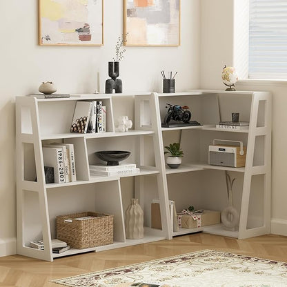 Extendable Bookshelves Set of 2, 3 Tier Wood Bookcases Storage Book Shelves Adjustable Organizer for Bedroom Living Room Home Office Corner, White