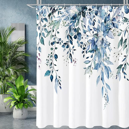 Gibelle Extra Long Shower Curtain 72 x 84, Blue Floral Shower Curtain for Bathroom, Watercolor Plant Eucalyptus Leaves Fabric Shower Curtain Set