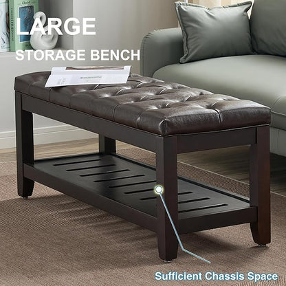 44" Ottoman Bench, Upholstered End of Bed Bench, Oversized Footrest with Wood Shelf torage Storage Bench for Bedroom, Entryway, Living Room, Dark Brown(PU)