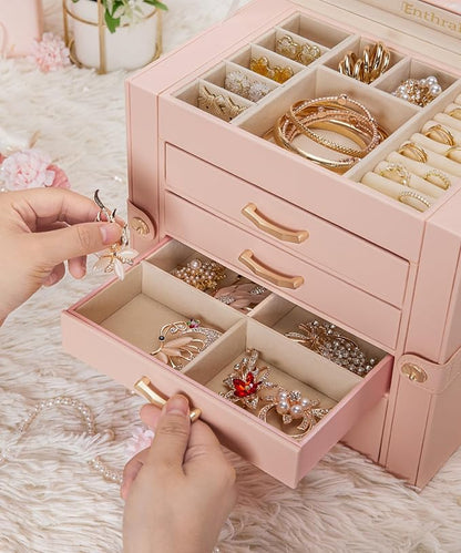 Jewelry Box with 4 Drawers : Display Organizer for Earrings Necklaces - Christmas Gifts for Girls Women (Peach Pink)