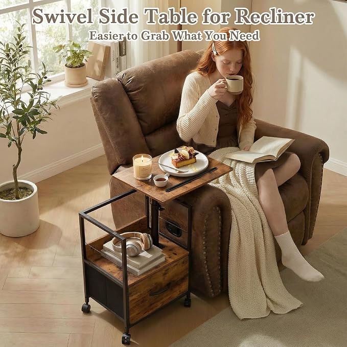 Faesun Swivel Lift Top Nightstand, Rolling Side Table for Recliner, Bedside Table with Wheels & a Fabric Drawer, for Small Spaces, for Bedroom, Living Room, Brown