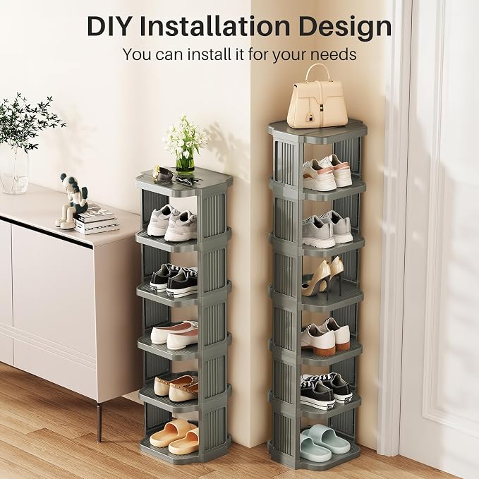 Kitstorack 10-Tier Vertical Plastic Shoe Rack, Freestanding Stackable Shoe Storage Organizer Cubes Shoe Shelf Tower or Small Closets and Tight Spaces, Gray