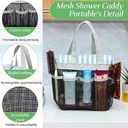 Hillban 4 Pcs Mesh Shower Caddy Portable Shower Caddy for Dorm Beach Mesh Bags with Deeper 8 Pockets and Handles Showers Caddies Basket for Women College Room Vacation(Gray)