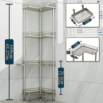 Consumest Corner Shower Caddy Standing - 4-Tier Stainless Steel Shower Organizer with Soap Holder and 4 Hooks, Large Capacity Corner Shelf Stand for Bathroom, Rest Room, Sand Nickel