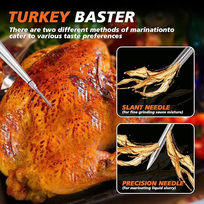Turkey Baster Syringe for Cooking - Large Food-Grade Turkey Baster with Silicone Bulb, 2 Marinade Injector Needles, and Cleaning Brush - Turkey Baster for Juicy Roasts, BBQ, and Home Baking