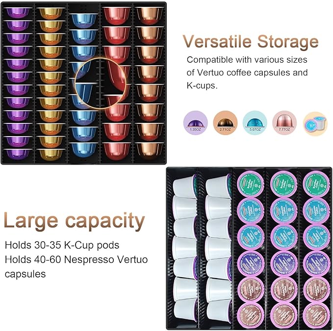 Coffee Pods Drawer Organizer Compatible with Nespresso Vertuo Pods Holds Up to 60 Small or 40 Large (Black)