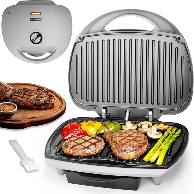 Family-sized Contact Grill, 6-Serving Electric Indoor Grill with Adjustable Temp Control, Ceramic Coating, 1500W, Silver