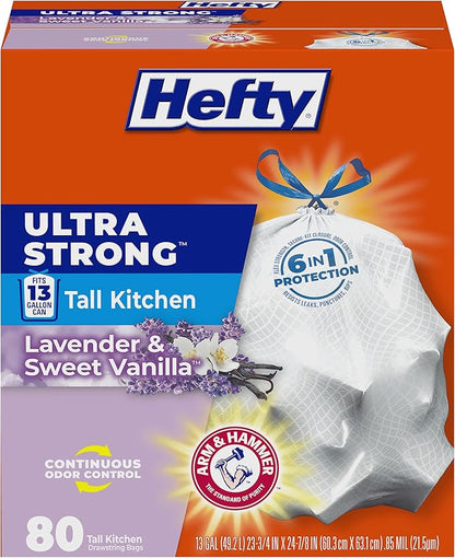 Hefty Ultra Strong 13 Gallon Trash Bags, Tall Kitchen, Drawstring Closure, Odor Control, White, Lavender, Sweet Vanilla, 80 Count