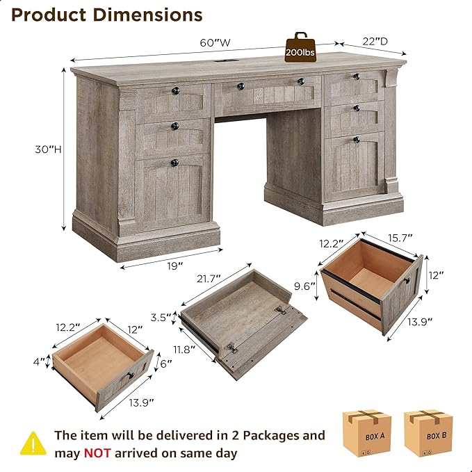 OKD 60" Executive Desk with Drawers, Farmhouse Home Office Desk with Charging Station, Keyboard Tray, File Cabinet Storage, Wood Computer Desk for Work and Study, Light Rustic Oak
