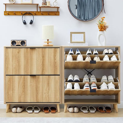 31.5” Fluted Shoe Cabinet Storage with 2 Flip Drawers,Narrow Freestanding Shoe Storage Organizer,Slim Shoe Rack Cabinet for Entryway,Hallway (Natural)