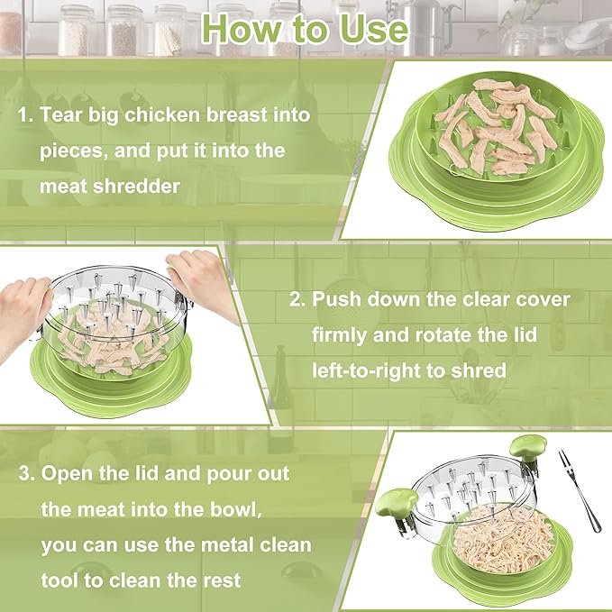 SURETIVIAN Chicken Shredder Tool Twist Large Chicken Breast Shredder with Brush&Fork, Visible Meat Shredder Machine, Anti-Slip Strip, Ergonomic Handle, BPA Free, Suitable for Pork Beef Chicken(Matcha)