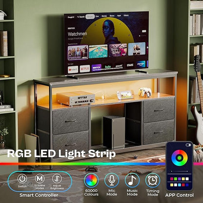 Huuger TV Stand Dresser with Power Outlets and LED Lights, 4 Drawers Entertainment Center with Shelves, 54in Media Console for 55 60 Inch TV, Dresser with PU Finish, Grey and Black
