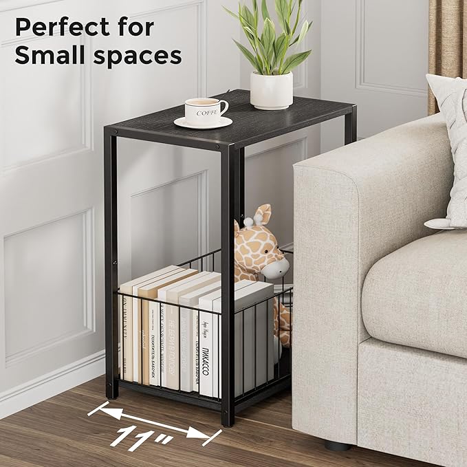 Side Table with Magazine Holder, Record Player Stand with LP Shelf, End Table for Living Room, Bedroom, or Bedside, Easy Assembly, 11" D x 16.9" W x 23.6" H, Black