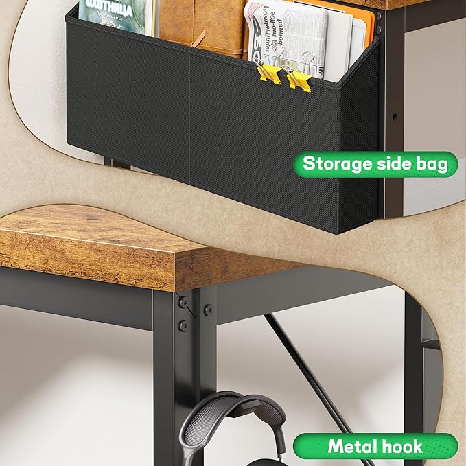 63 Inch L Shaped Desk Computer Desk with Power Outlets & 0.95 Inch Thicker Desktop, Gaming Desk with Storage Bag & Lights, Corner Desk, Reversible Office Desk for Living, Study,Bedroom,Brown