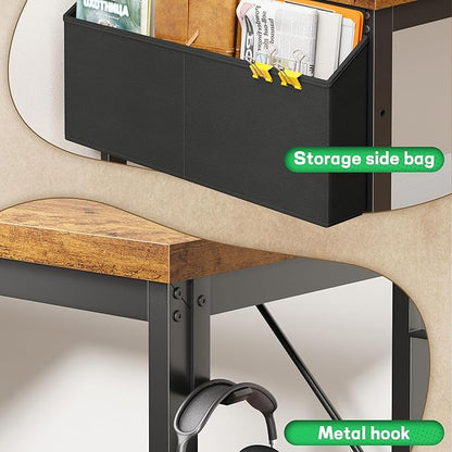 63 Inch L Shaped Desk Computer Desk with Power Outlets & 0.95 Inch Thicker Desktop, Gaming Desk with Storage Bag & Lights, Corner Desk, Reversible Office Desk for Living, Study,Bedroom,Brown