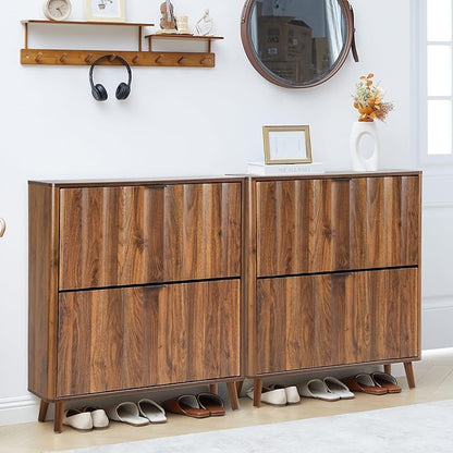 31.5” Fluted Shoe Cabinet Storage with 2 Flip Drawers,Narrow Freestanding Shoe Storage Organizer,Slim Shoe Rack Cabinet for Entryway,Hallway (Walnut)