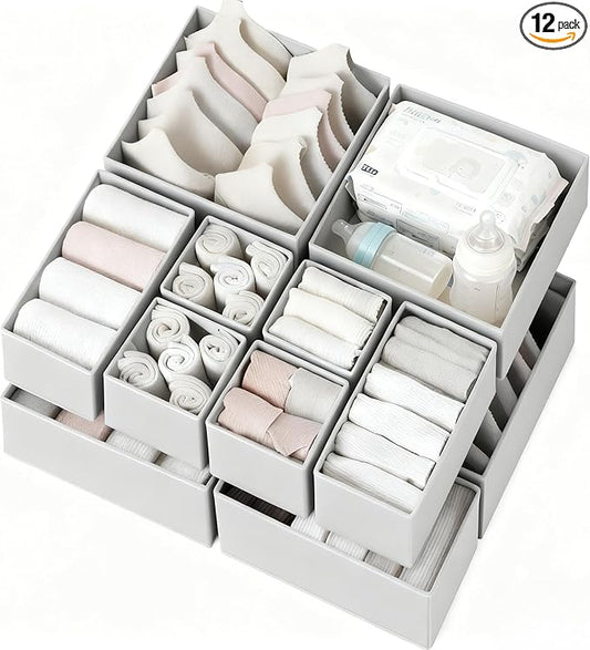 Criusia Drawer Organizer Clothes 12 Pack, Dresser Organizer for Nursery Bedroom Closet Organization and Storage - Baby Clothes Organizer Bins - Drawer Divider for Sock Underwear Bra Ties (Grey)
